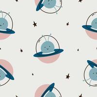 Seamless childish cosmic pattern with alien in flying saucer. Flat vector illustration of cosmos background. Creative kids texture for fabric, wrapping, textile, wallpaper, apparel.