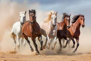 ai generado grupo de caballos corriendo galope en el desierto. foto