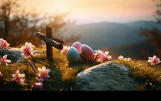 ai generado Pascua de Resurrección huevos fuera de en naturaleza. primavera clima. generativo ai foto