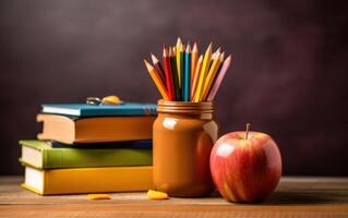 AI generated Ready for school concept background with books, pencils and accessory. Generative AI photo