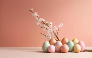 AI generated Pastel Easter eggs on pink background top view. Flat lay style. Generative AI photo