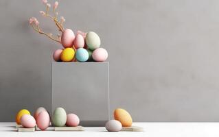 AI generated Pastel Easter eggs on pink background top view. Flat lay style. Generative AI photo