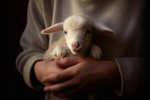 AI generated Jesus is holding proudly his very cute newborn baby lamb. Generative AI photo