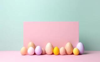 AI generated Pastel Easter eggs on pink background top view. Flat lay style. Generative AI photo