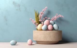 AI generated Pastel Easter eggs on pink background top view. Flat lay style. Generative AI photo