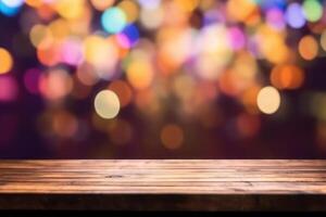 AI generated Empty wood table top and blur bokeh background. Generative AI photo