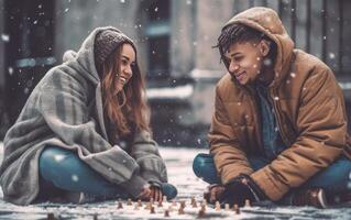 AI generated Couple playing chess in the park in snowy winter. Generative AI photo