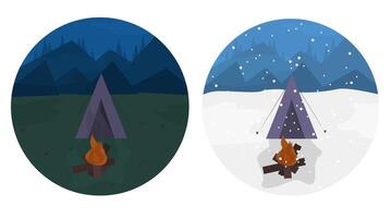 Illustrations of camping at different times of the year. Tent with fire in winter and summer. Seasonal set isolated on white background vector