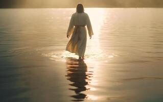 ai generado Jesús Cristo camina en agua. generativo ai. foto