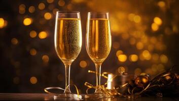 AI generated Champagne for festive cheers with gold sparkling bokeh background. Ai Generative photo