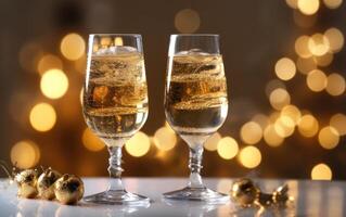 AI generated Champagne for festive cheers with gold sparkling bokeh background. Ai Generative photo