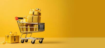 AI generated Shopping cart and Gifts on yellow background, sale banner, black Friday sale, Cyber Monday sale, Generative Ai photo