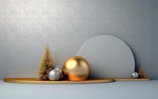 AI generated Podium with christmas decoration by deers in the style of light gray and gold. AI generated photo