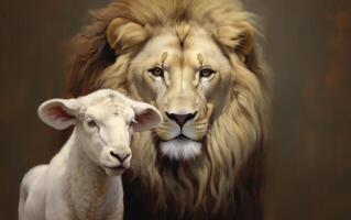 AI generated The Lion and the Lamb. Majestic Wildlife Together. Christian concept. Generative AI photo