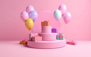 AI generated Product display podium with gift boxes and balloon on pink background. Generative AI. photo