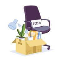 The concept of dismissal from work. An empty workplace with a paper box full of personal items. Vector flat illustration