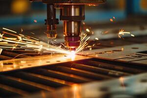 AI generated CNC Laser cutting of metal, modern industrial technology photo