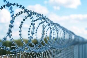 AI generated Barbed and razor wire fence. Fencing the state border against immigration photo