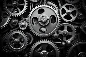 AI generated Retro black and white background of industrial cogs or gears with movement photo