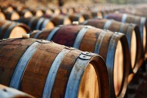 AI generated Wooden oak wine barrels stacked in a row photo