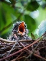 AI generated Young bird in nest with open mouth waiting to be fed. photo