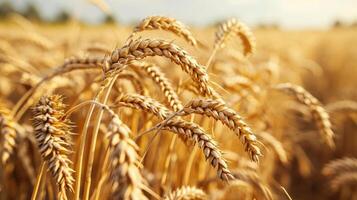 AI generated Wheat field. Ears of golden wheat closeup. Harvest concept. photo