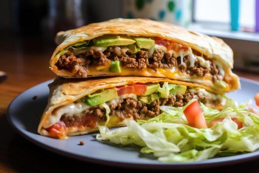 ai generado hecho en casa carne de vaca crujido envolver supremo. supremo nachos cortar en medio y apilado en cada otro foto