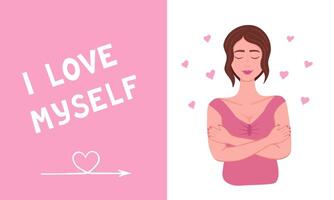 girl hugs herself, i love myself. Illustration for printing, backgrounds, covers and packaging. Image can be used for greeting cards, posters and stickers. Isolated on white background. vector