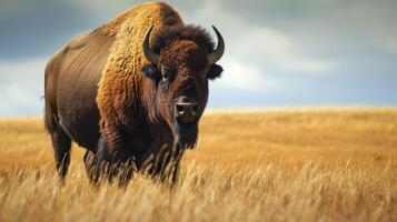 AI generated Wild American bison bull standing in grassy prairie. photo