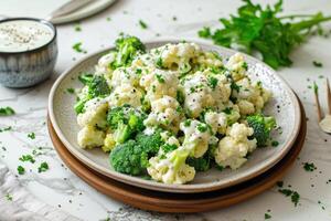 AI generated Fresh broccoli and cauliflower salad with Tahini dressing on plate photo