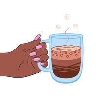 mano de americano, africano mujer con taza de café. ilustración para impresión, antecedentes y embalaje. imagen lata ser usado para saludo tarjeta, póster y pegatina. aislado en blanco antecedentes. vector