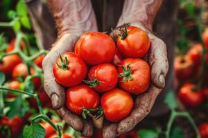 AI generated Tomato harvest. Farmers hands with freshly harvested tomatoes. photo