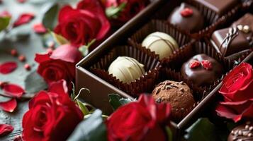 ai generado un caja de chocolates y rosas foto