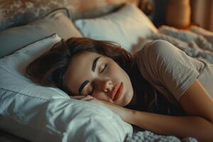 AI generated Young attractive woman sleeping in the bedroom, relaxing with eyes closed photo