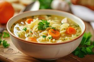 AI generated Homemade chicken noodle soup with vegetables and spices in a bowl. Healthy food concept photo