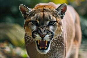 ai generado rugido Puma o montaña león caza sus presa foto