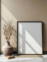 AI generated Blank picture frame mockup on wall in modern interior. Artwork template mock up in interior design with trendy vase. photo