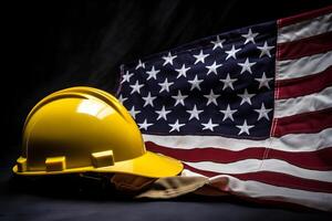 AI generated Yellow hard hat aka safety helmet on United States of America national flag for labor day theme, neural network generated photorealistic image photo