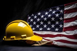 AI generated Yellow hard hat aka safety helmet on United States of America national flag for labor day theme, neural network generated photorealistic image photo