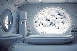 AI generated futuristic white moon base styled luxury bathroom interior, neural network generated image photo