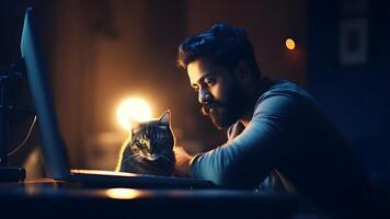 AI generated young indian man using computer at working table with his cat at night at home office, neural network generated image photo