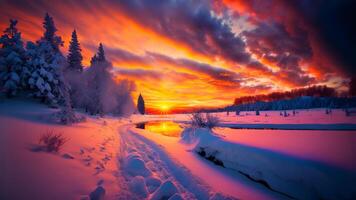 AI generated winter sunset landscape with vivid colors snow, trees and far mountains, neural network generated art photo