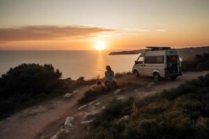 AI generated young couple sits on a hill above the sea next to their travel minivan vehicle at sunset, neural network generated picture photo