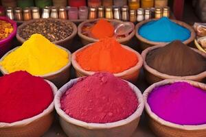AI generated Colorful powder for sale in shop during Holi color festival, neural network generated photorealistic image photo
