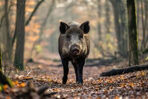 AI generated Lonely wild boar walks in forest. photo