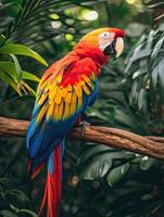 ai generado vistoso escarlata guacamayo loro en selva. foto