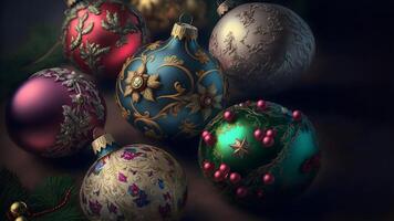 ai generado vistoso Navidad pelotas con complejo adornos de cerca, neural red generado Arte foto