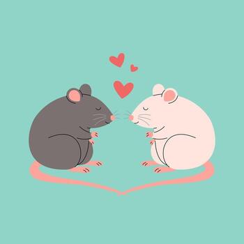 Two rats in love sitting together. Romantic rodents couple with hearts. Vector flat illustration for valentines day poster, banner, greeting card