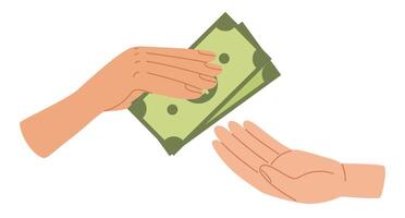 Human hand giving money to other hand. Payment for product or pay for something. Arm holds dollar banknotes. Vector illustration in hand drawn style