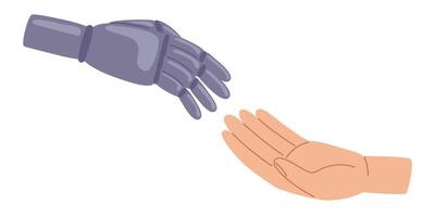 Human and robot hands reaching for each other. Robot and people extend their hands to each other. Collaboration between humans and robots gesture. Vector illustration in hand drawn style